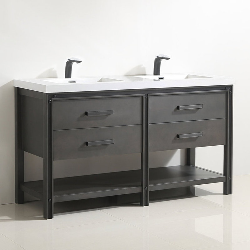 60" Smoky Oak Double Freestanding Bathroom Vanity with Resin Basin