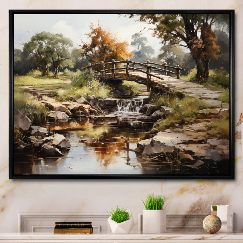 Art mural de style «pont», pont, vert, Cadre flottant noir, H 30 po x l 40 po x P 1,5 po