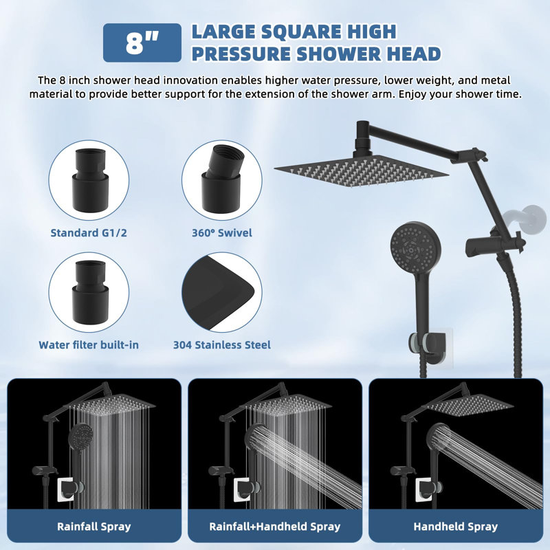 8” High Pressure Rainfall Shower Head With Handheld Spray, 16" Adjustable Extension Arm, Matte Black