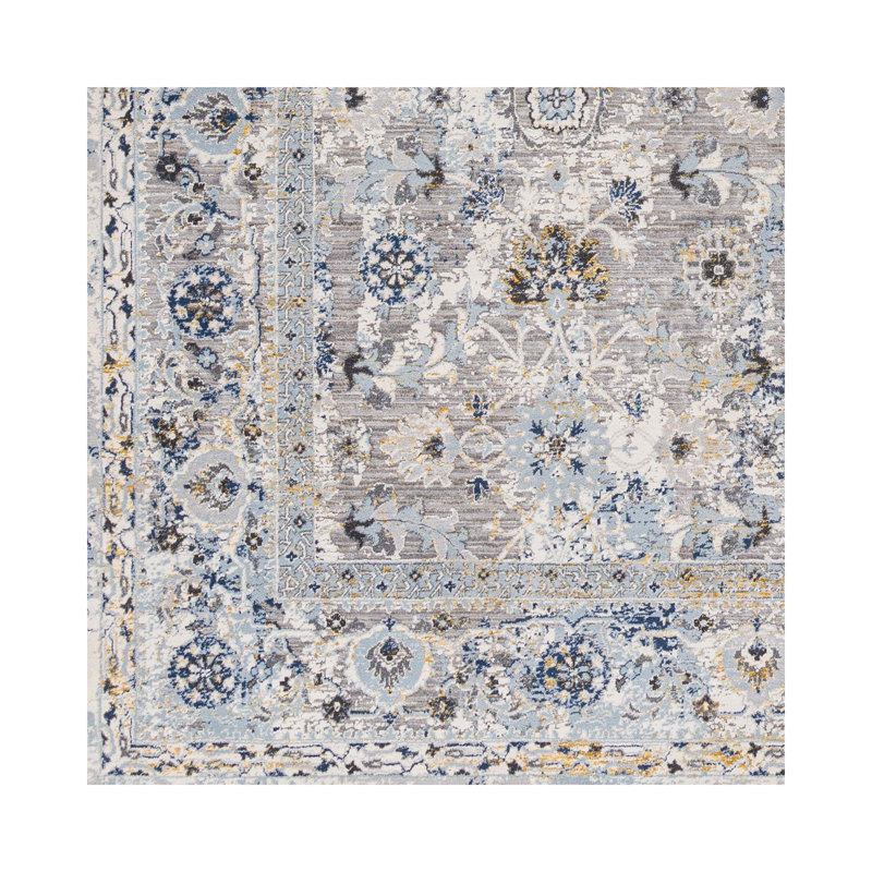 Marlette Oriental Machine Woven Polyester Area Rug in Mustard/Dark Blue, Rectangle 9' x 12'2"