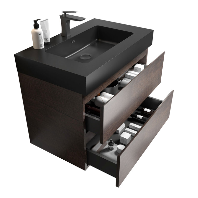 Meuble-lavabo de 30 po avec finition noyer, un lavabo noir, trois tiroirs muraux, 45 tiroirs inclinés, coulissants,