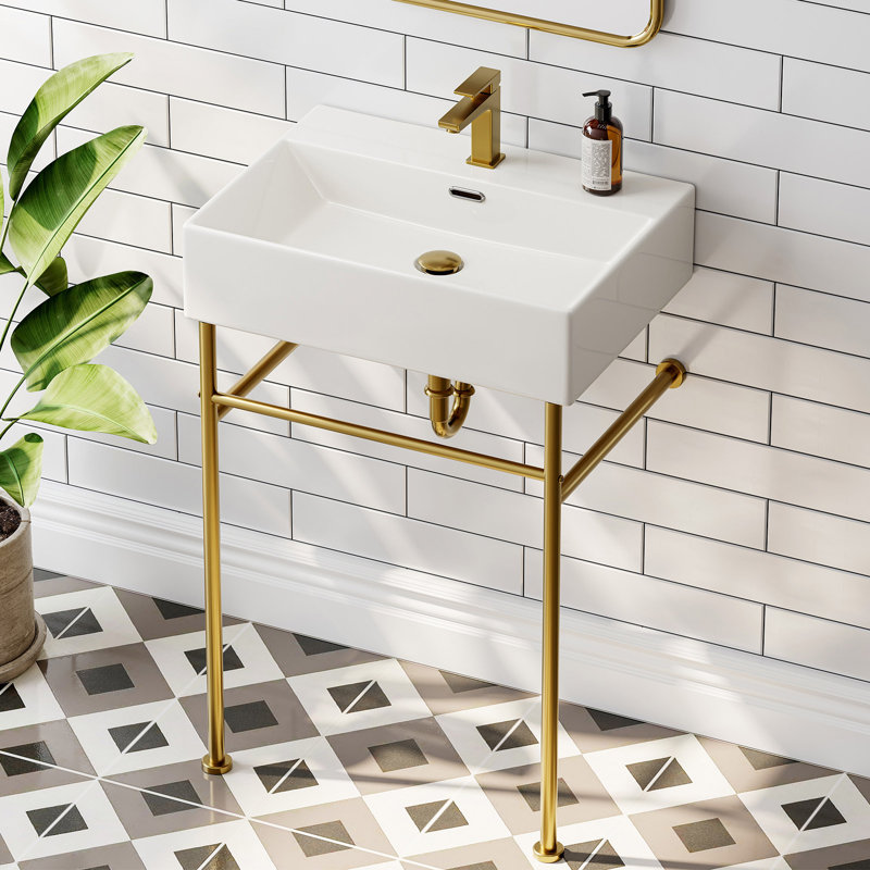 24 po Lavabo de console de salle de bain rectangulaire en céramique blanche avec pieds et trop-plein, Blanc / or