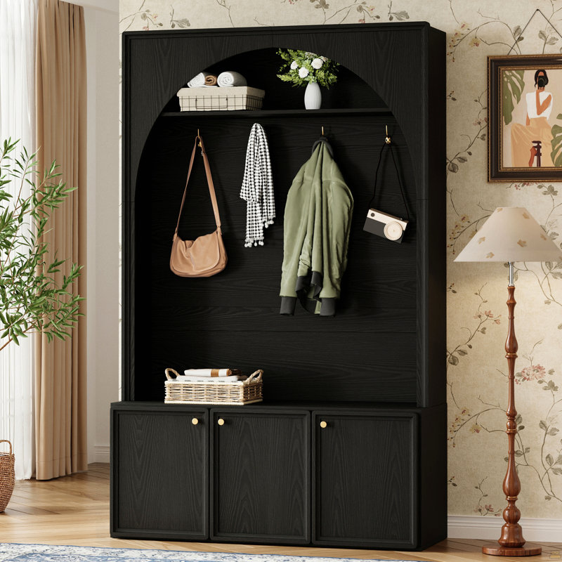 Farmhouse All-in-One Hall Tree with Adjustable Shelves, Retro Arched Entryway Storage Bench with 3 Cabinets, Wooden Coat Rack Organizer with 4 Golden Hooks for Mudroom, Hallway, Black