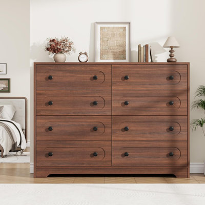8-Drawer Mid-Century Modern Dresser, 55" Wide Wooden Chest with Deep Drawers & Metal Knobs for Bedroom, Living Room, Entryway, or Hallway
