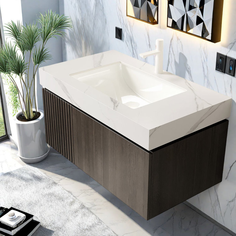 Meuble-lavabo de luxe avec rangement, comptoir en marbre blanc de Carrare et lavabo en céramique, design espresso moderne pour la salle de bain
