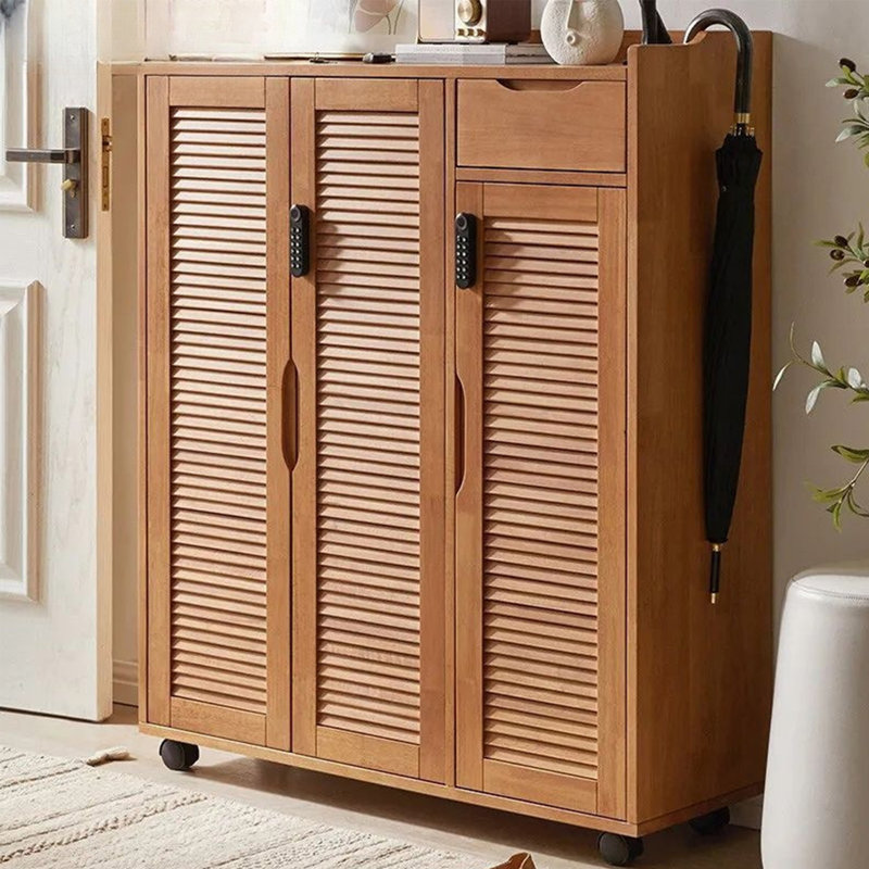 Armoire à chaussures en bois massif avec serrure et roues 22 paires de rangement à chaussures en bois massif, Brun