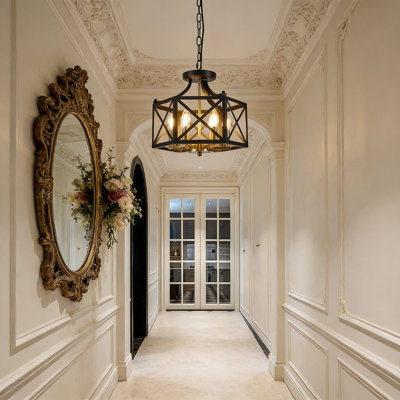 Modern Farmhouse Chandelier With Adjustable Height, 6-Light Geometric Pendant Lighting Fixture For Kitchen Island, Dining Room, Entryway And Foyer