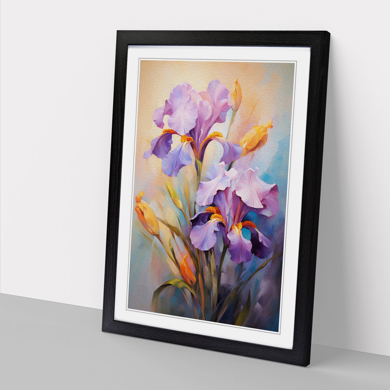 Iris Flower Impressionism - Single Picture Frame Print on Wood, 64cm H x 46cm W x 2cm D, Black 