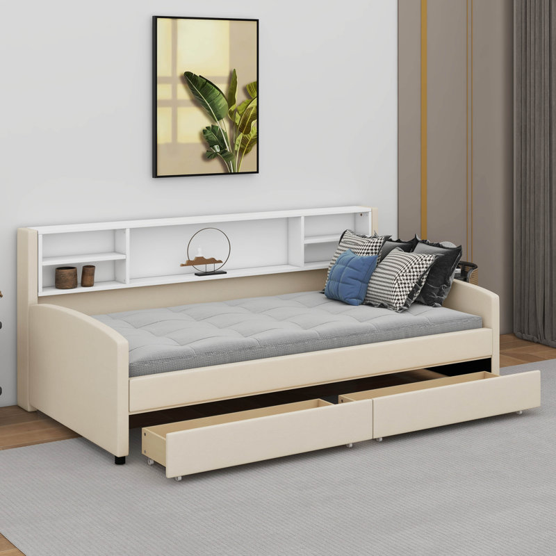 Lit plateforme simple tapissier avec tiroirs, Beige