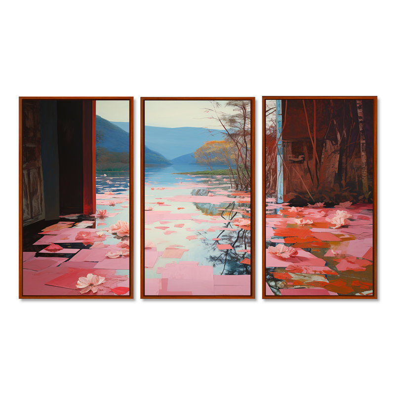 Ensemble de salon mural Serene Pink Lotus Lake - paysage abstrait, H 40 po x l 60 po x P 1 po, Cadre flottant brun