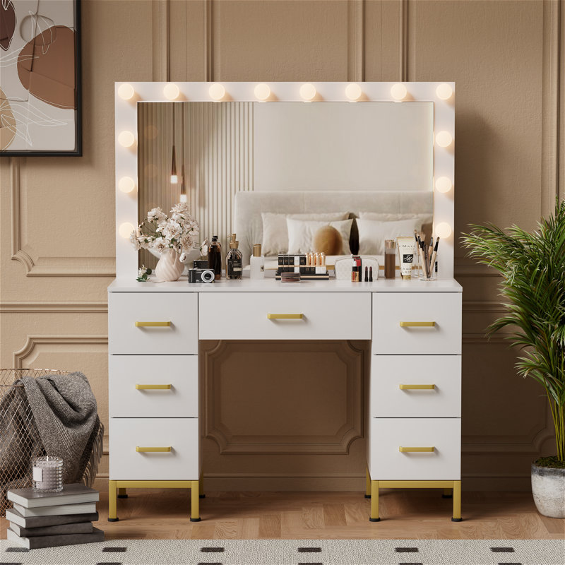 Azmira 43.3'' Large Makeup Vanity, Vanity Set with Lighted Mirror, White
