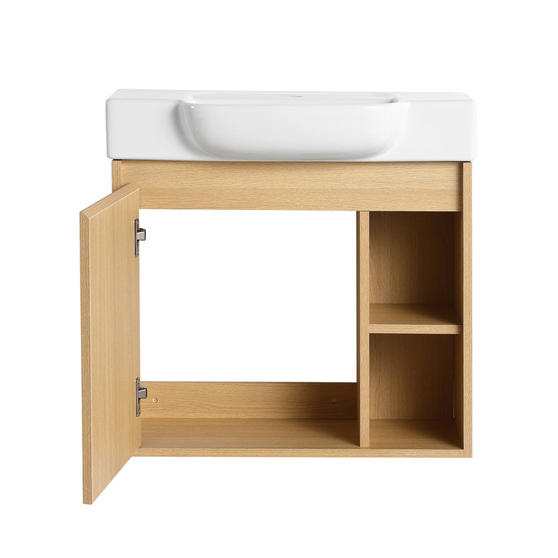 Meuble-lavabo mural 24 po avec lavabo en céramique blanche et porte à fermeture en douceur, emballage KD, chêne clair, 24"
