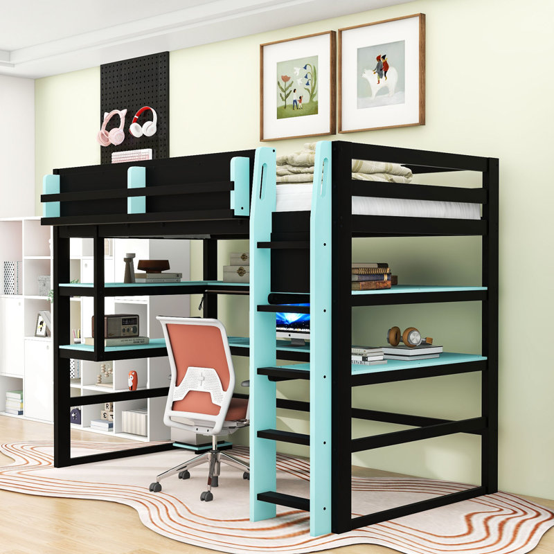 Wooden Loft Bed with Desk, Shelving, Charging Ports, and LED Lighting, Twin, Cloud Blue