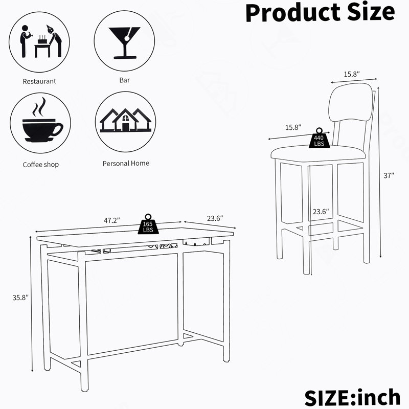 Ensemble de table de salle à manger 3 pièces, avec table fixe