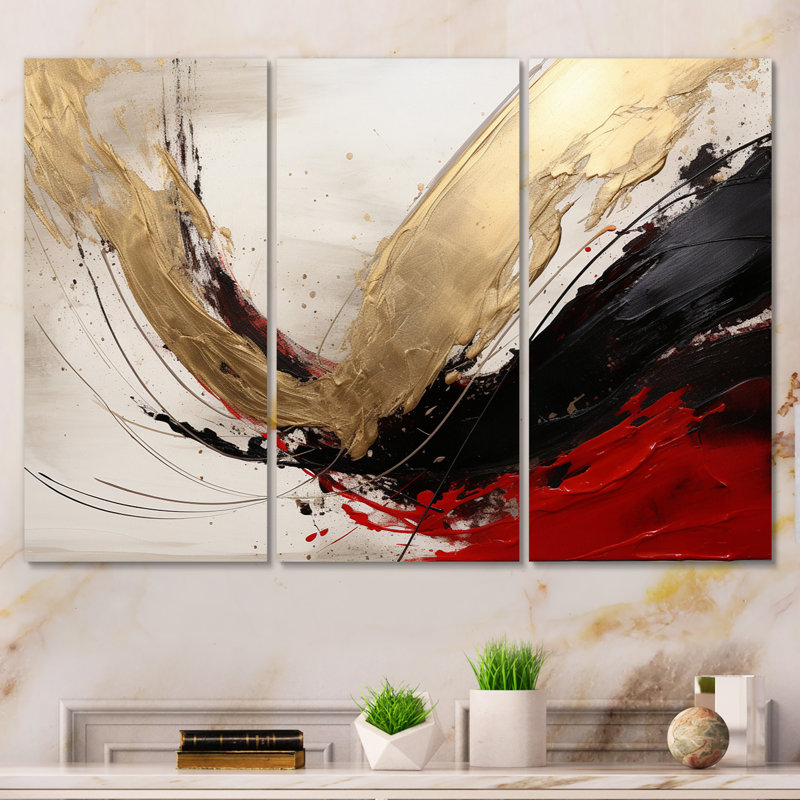 Toile abstraite, décoration écarlate, vague dorée écarlate et or abstrait IV, H 32 po x l 48 po x P 1 po