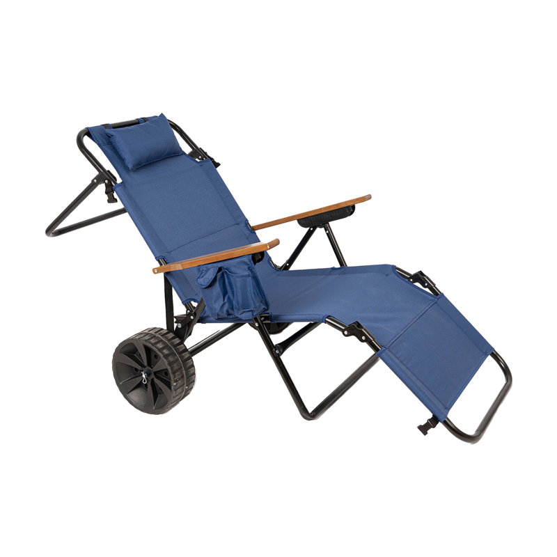 Chaise longue de plage pliable avec chariot - 5 positions réglables, conception ergonomique, poche latérale, bleu foncé, pour matériau respirant de jardin, piscine