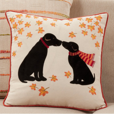 Fall Puppy Design Embroidered Cotton Throw Pillow