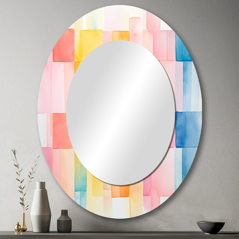 Paster Color Cubes Patterns III - Multi-Color Oval Wall Mirror Decor, 43" H x 33" W
