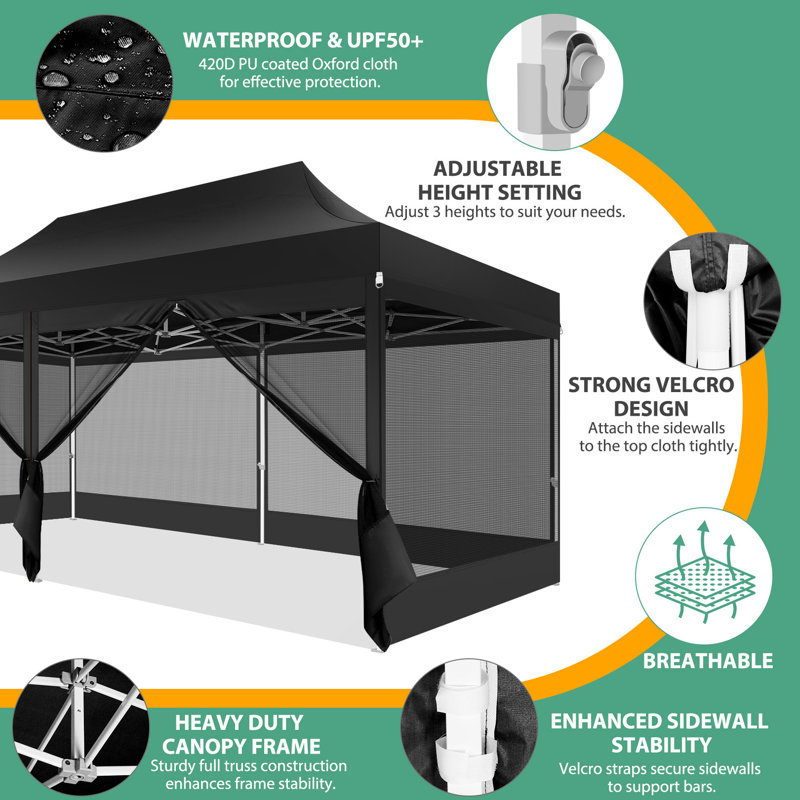 10'x20' Heavy Duty Canopy Tent, Pop up Gazebo with Netting Screened, Black