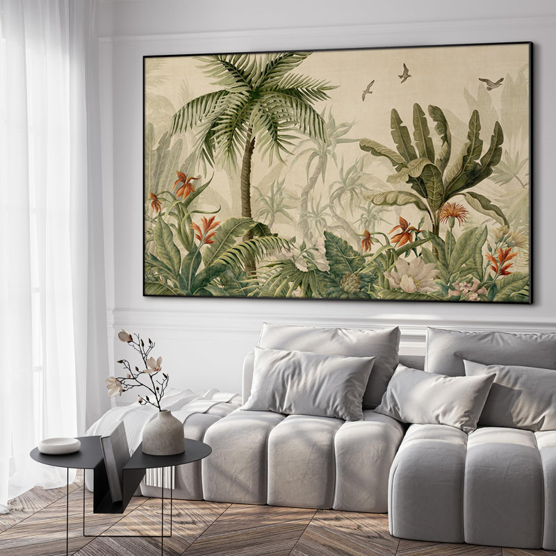 Très grand palmier et oiseaux de la jungle tropicale rétro, impression d'art mural encadré (assemblage de cadre requis)