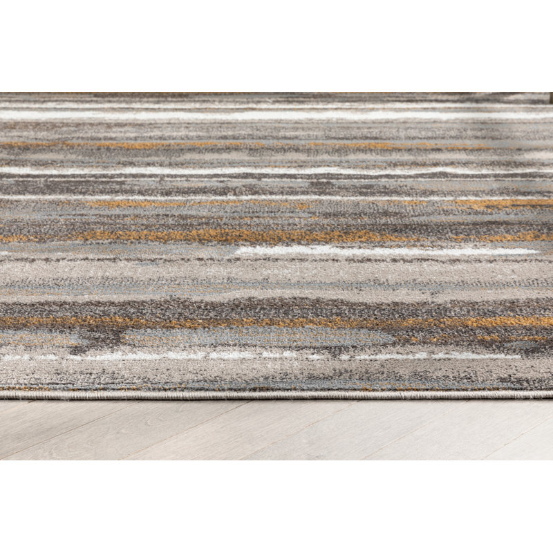Gray Geometric Striped Polyester Runner Rug
