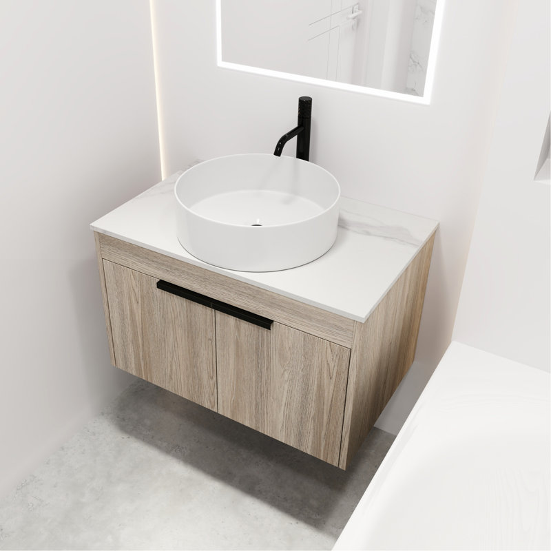 Meuble-lavabo de salle de bain avec lavabo en céramique - 30 po mural, chêne blanc, porte à fermeture en douceur, meuble-lavabo flottant à économie d'espace suffisant. Chêne monté. Lavabo. Porte. Armoires à 2 portes. Rangement spacieux. Poignée en métal. 23,4 po