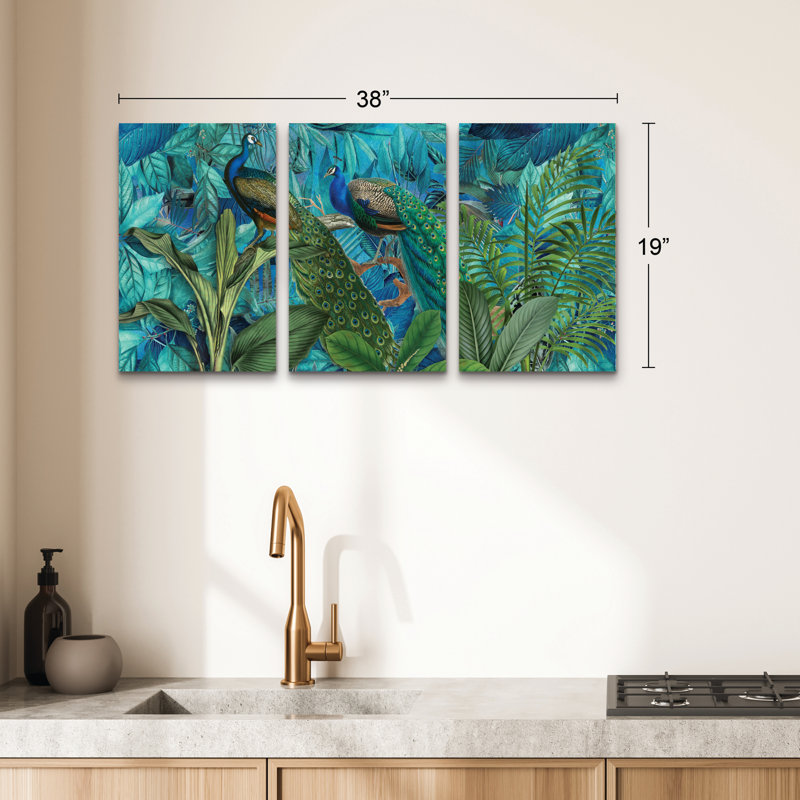 Ensemble de 3 panneaux muraux - Andrea Haase «Jungle Birds Garden No1», art mural sur toile pour le salon, la chambre à coucher ou le bureau 