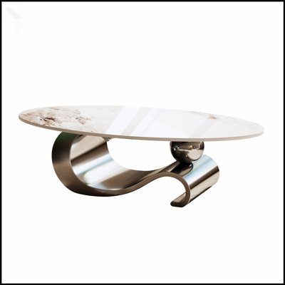 Table basse contemporaine ovale en faux marbre avec plateau en pierre frittée durable et base élégante en acier inoxydable pour les salons modernes