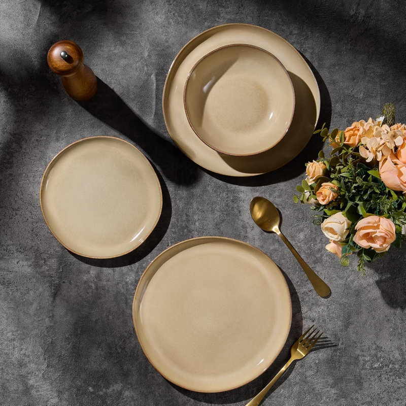 Stoneware Dinnerware - Service for 4, Sandy Khaki