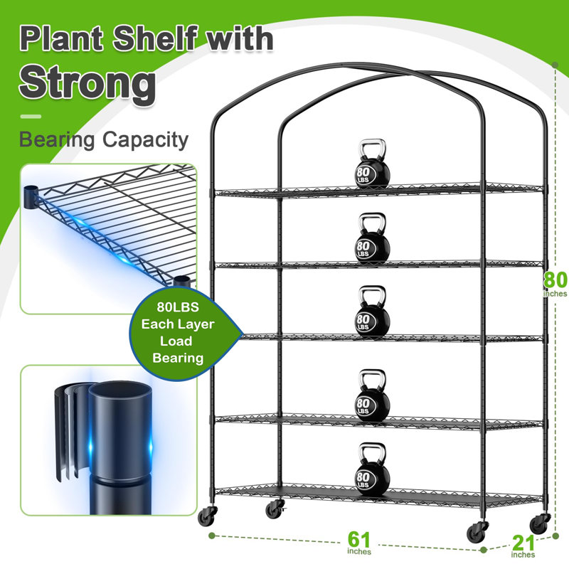 Support à plantes portatif en métal à 5 niveaux pour serre avec lumière de croissance et housse en PVC, idéal pour l'intérieur et l'extérieur