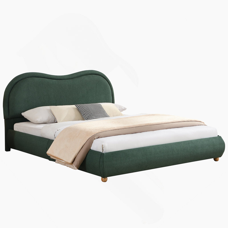 Structure de lit plateforme grand tapissier avec tête de lit arrondie à coins arrondis, lattes en bois, pieds en bois de chêne massif, tissu chenille, aucun sommier requis, assemblage facile, vert olive