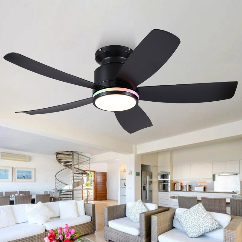 41" Modern 5-blade Flush Mount Indoor Ceiling Fan With Light And Remote/app Control, 41", Black-RGB