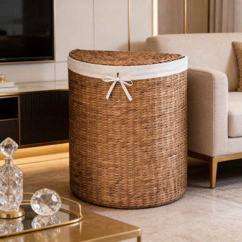 Panier à linge en demi-lune avec doublure amovible, panier en jacinthe d'eau tissé à la main avec poignées intégrées pour un rangement peu encombrant dans la salle de bain, la chambre à coucher ou la salle de lavage