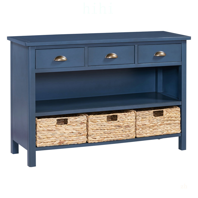 Console rétro avec 3 tiroirs et paniers tissés, idéale pour le rangement et le décor de l'entrée, du couloir et du salon