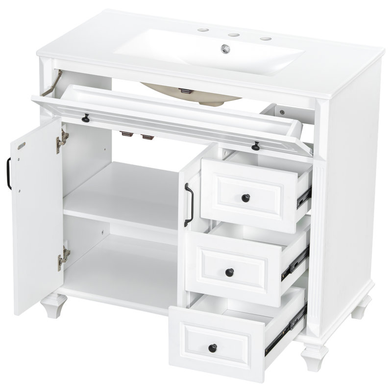 Meuble-lavabo autoportant de 91 cm (36 po) avec tiroir inclinable, lavabo en céramique, cadre en bois massif, 3 tiroirs et tablette réglable (noir/vert/blanc/indigo)