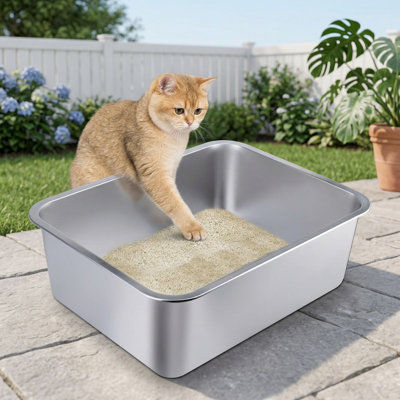 Bac à litière en acier inoxydable pour chat, grand bac en métal à haute face, antiadhésif, sans odeur, facile à nettoyer, résistant aux éclaboussures, durable, L 17,7 po x l 13,8 po x H 6 po