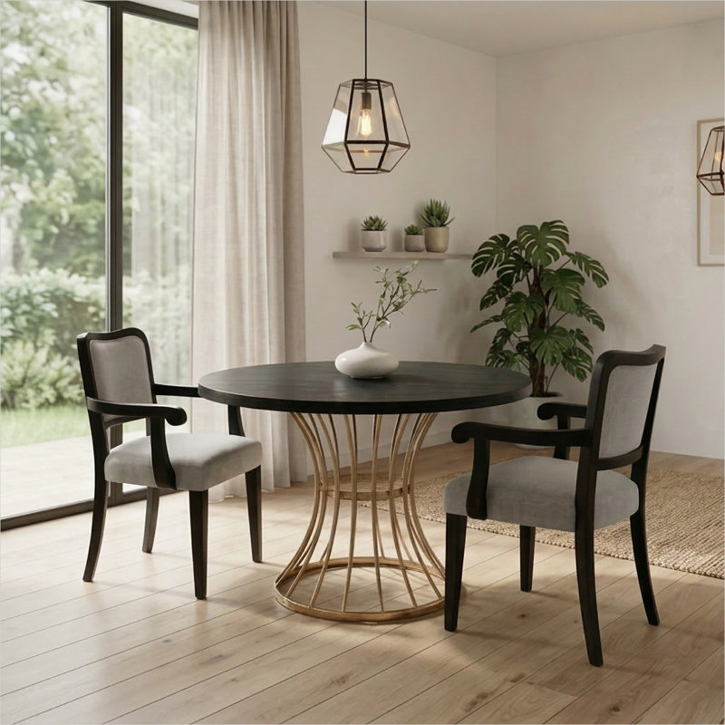 Ensemble de salle à manger rond 3 pièces avec table en chêne foncé de 42 pouces, 2 chaises beiges et finition dorée - style rustique moderne pour les petits espaces