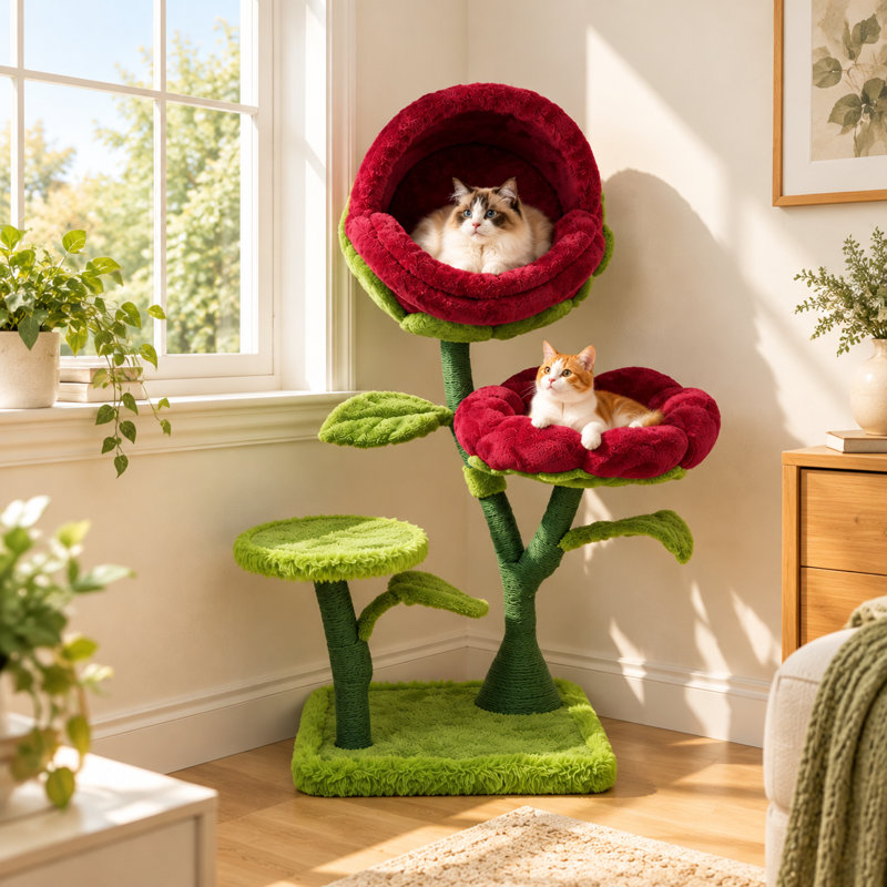 Arbre à chat moderne en forme de rose H 51,97 po avec lits de fleurs en peluche, maisonnette avec perchoir à feuilles stable et poteaux à griffes en sisal Structure multi-niveaux pour grimper et jouer