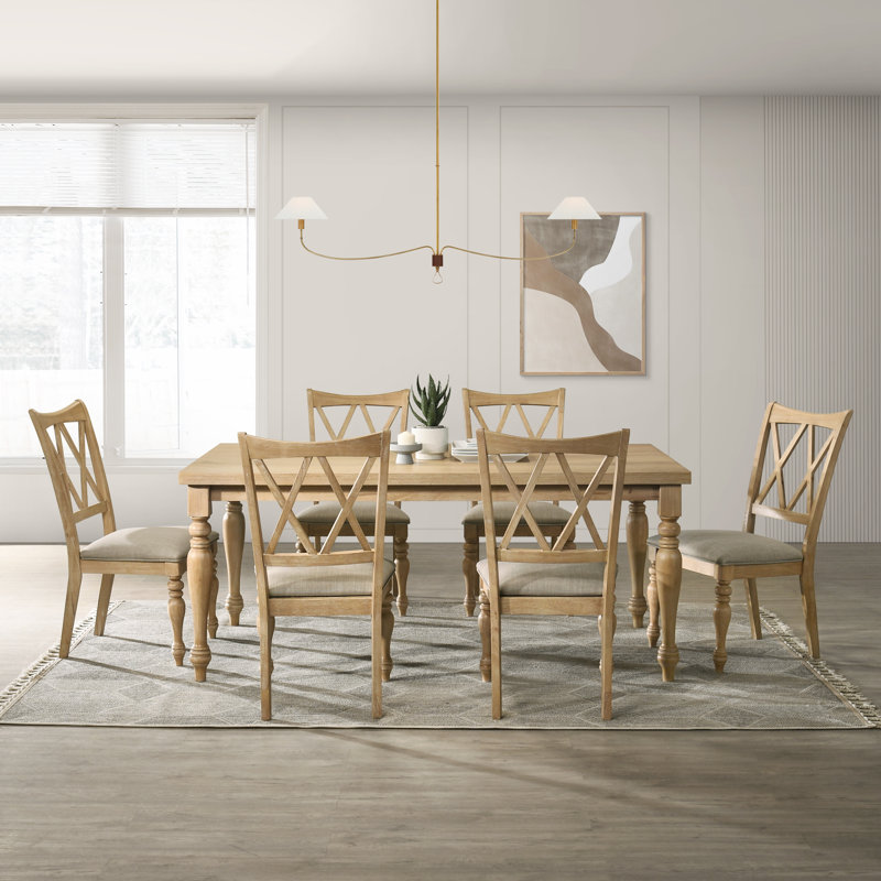 Jahnya 7-Piece Dining Table With 6 Cross Back Dining Chairs, Light Oak Finish, 7