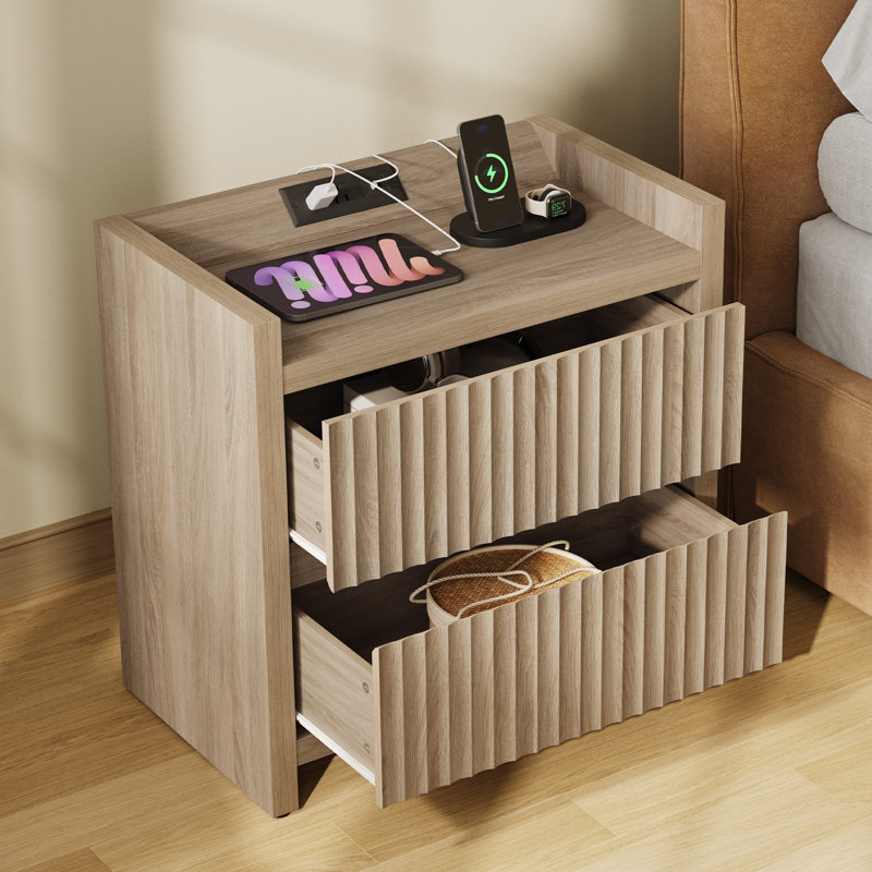 Table de chevet moderne à 2 tiroirs avec station de charge Allete, Chêne caramel