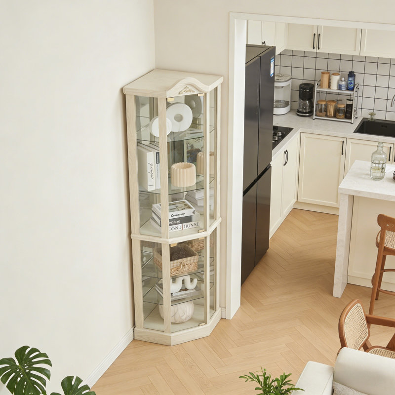 Glass Display Cabinet With Adjustable Shelves For Collections, Curio Storage Cabinet With Arched Floral Carved Decor, 6-Tier Display Case For Living Room