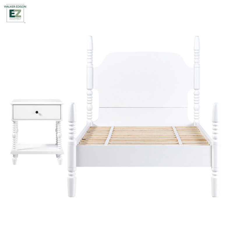 Lit 2 pièces Vivienne avec table de chevet 1 tiroir Edison, Simple, Blanc