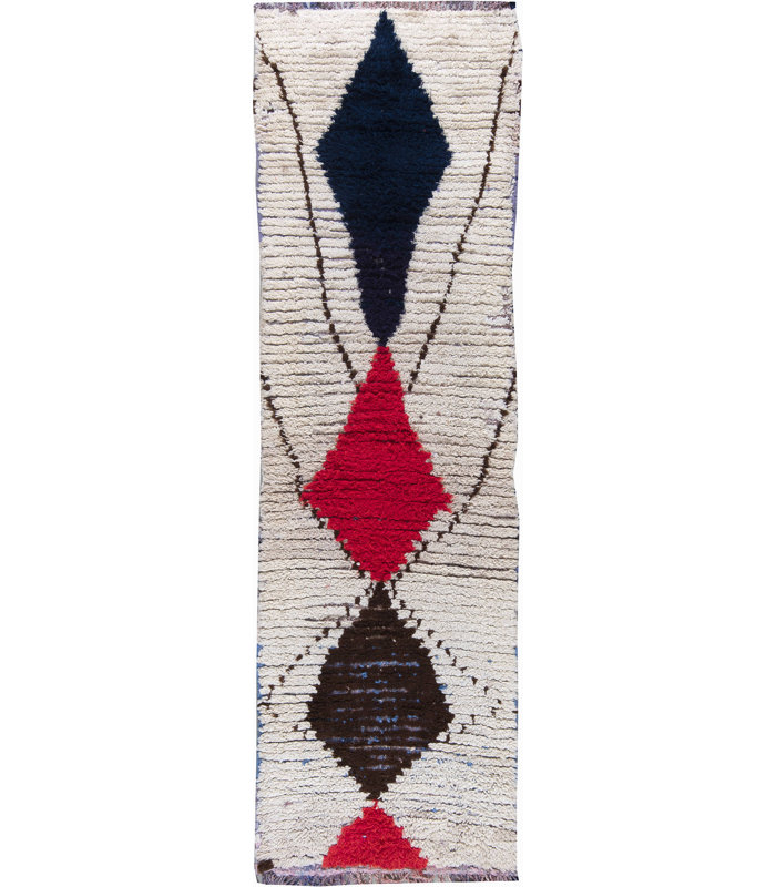 Tapis vintage en laine à motif géométrique marocain blanc, rouge et bleu Vintage 3 pi 4 po x 10 pi