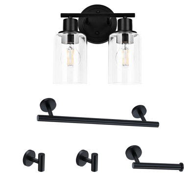 Luminaire de meuble-lavabo noir 2 lumières avec abat-jour en verre transparent, barre Rowel de 16,04 po, porte-papier hygiénique et deux crochets à peignoir, 5 pièces