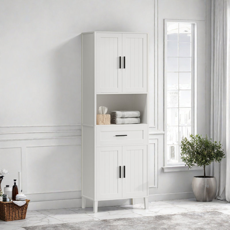 Freestanding Tall Bathroom Cabinet With 1 Drawer, 2 Cabinets, 4 Soft-close Doors, 2 Adjustable Shelves And Open Storage