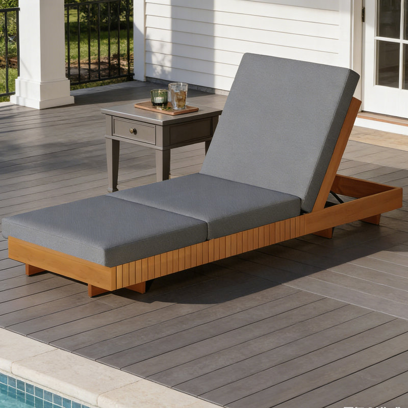 Lounge Chaise, Acacia Solid Wood With Lounge Cushion(Triple Folds), Dark Gray