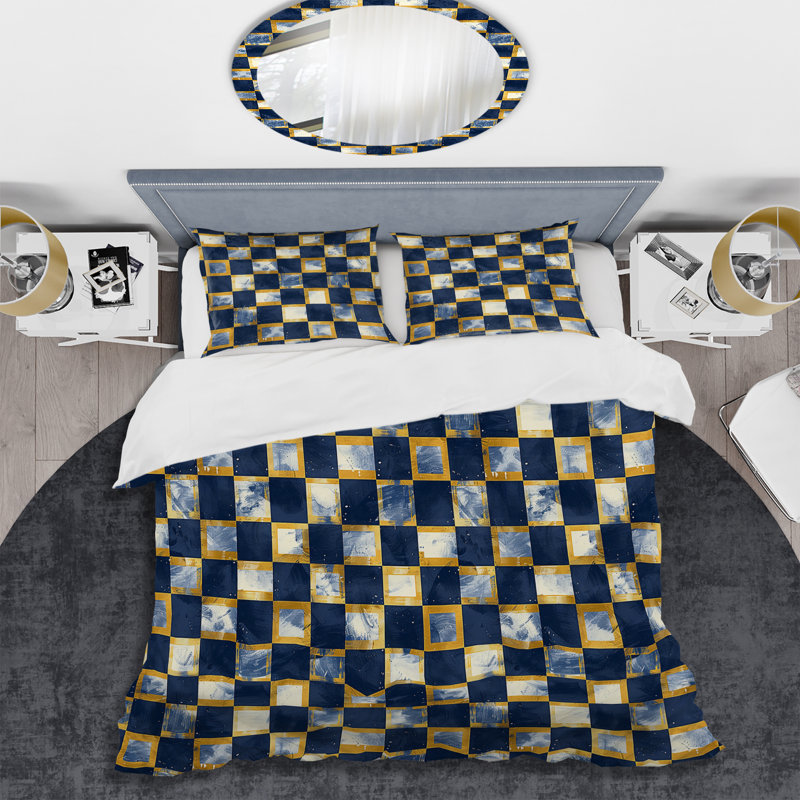 Ensemble de housse de couette moderne à imprimé vichy bleu et jaune IV, Housse de couette pour grand lit et 2 taies décor