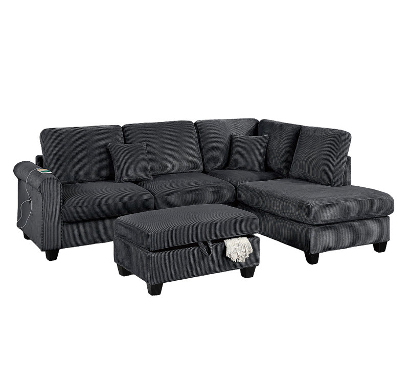 Contemporary Style 3Pc Sectional Set Right Arm Chaise Left Arm Sofa W/ Usb Port Storage Ottoman Throw Pillow Wooden Legs Primary Living Room