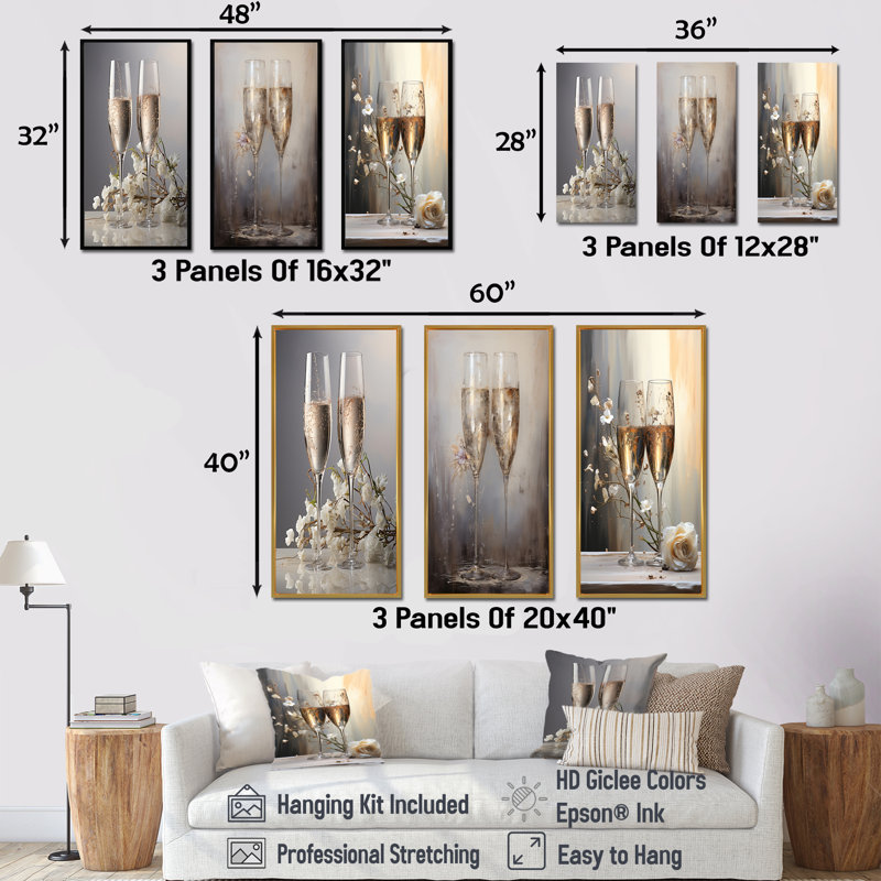 Richelle - Ensemble de 3 reproductions d'art mural champagne, Cadre flottant blanc, H 40 po x l 60 po