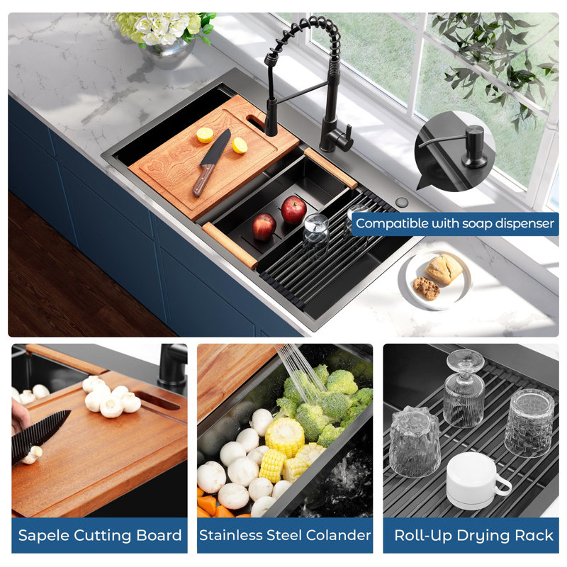 Évier de cuisine encastré noir 33 po avec robinet escamotable 33 po